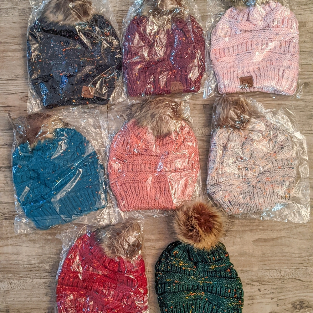 Multicolored Beanie with Vegan Fur Ball on Top - Picture 2 of 3